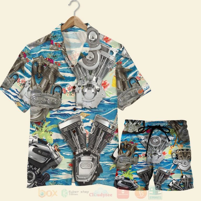 Seamless Motorcycle Engine Pattern Hawaiian Shirt