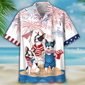 French Bulldog Firework Independence In Comping White Hawaiian Shirt