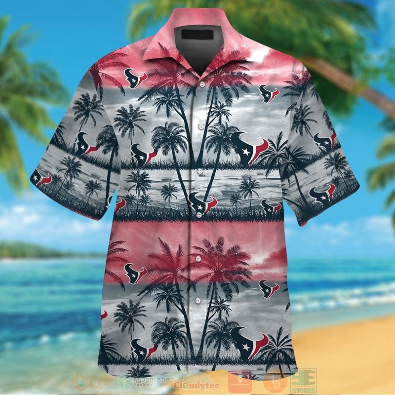Houston Texans Palm Tree Red Grey Hawaiian Shirt And Shorts