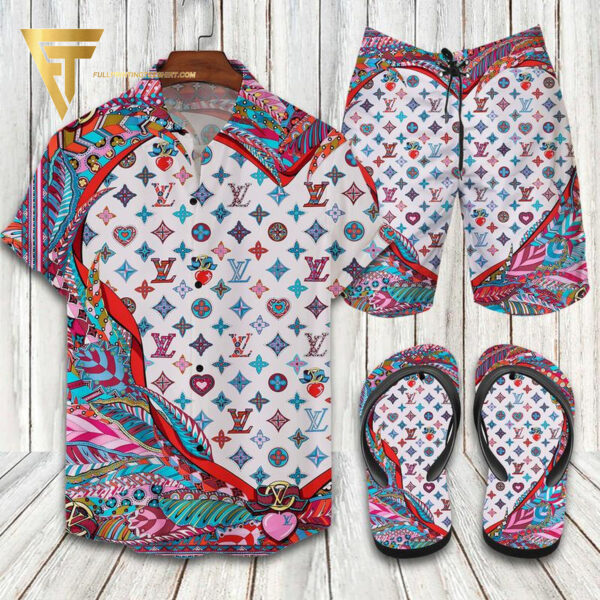 Louis Vuitton Vintage Colorful Hawaiian Shirt Beach Shorts And Flip Flops