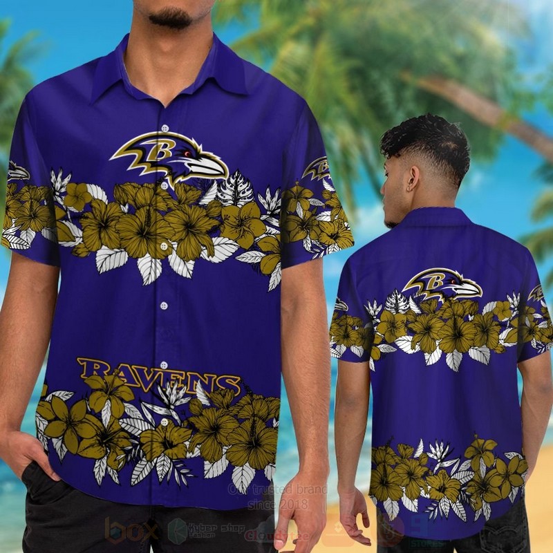 Nfl Baltimore Ravens Brown Hibiscus Flowers Hawaiian Shirt