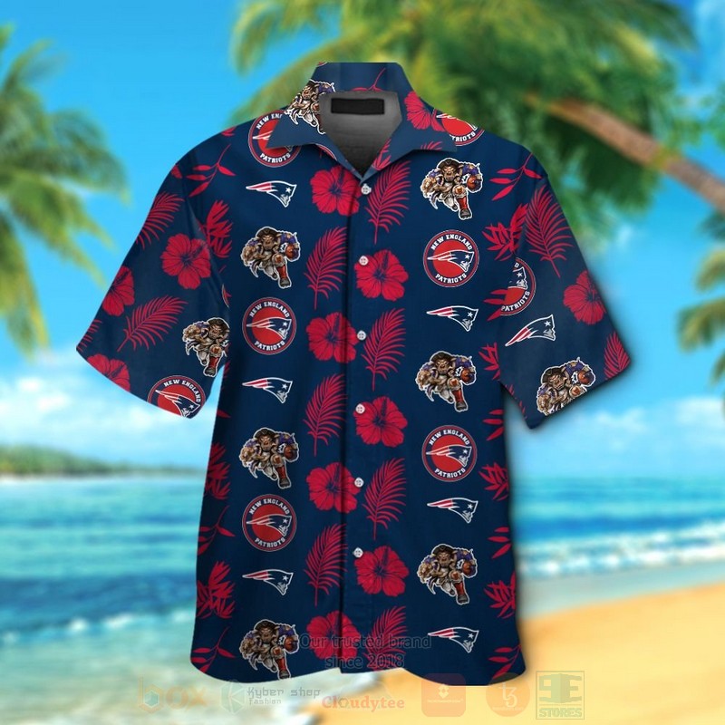 Nfl New England Patriots Red Hiibscu Navy Hawaiian Shirt
