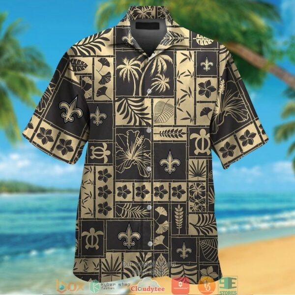 New Orleans Saints Hibiscus Coconut Ocean Square Pattern Black Hawaiian Shirt