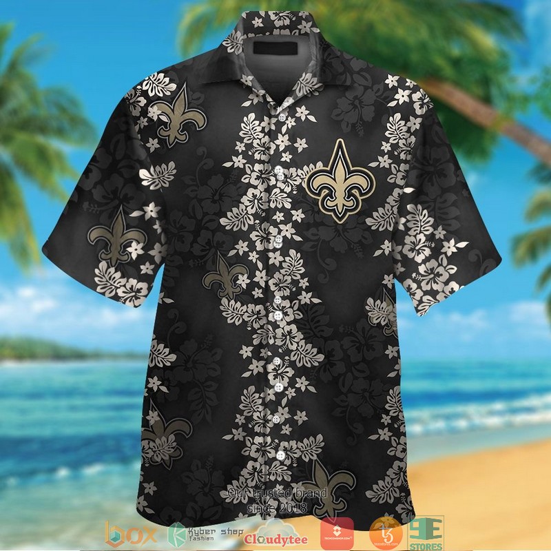 New Orleans Saints Hibiscus Flower Pattern Black Hawaiian Shirt