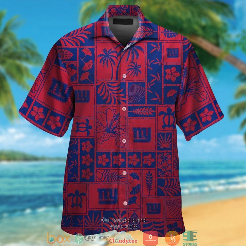 New York Giants Hibiscus Leaf Ocean Square Pattern Hawaiian Shirt