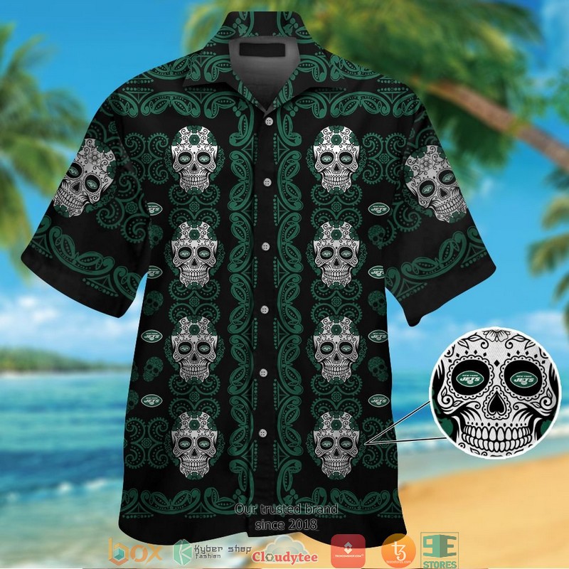 New York Jets Small Sugar Skull Hawaiian Shirt