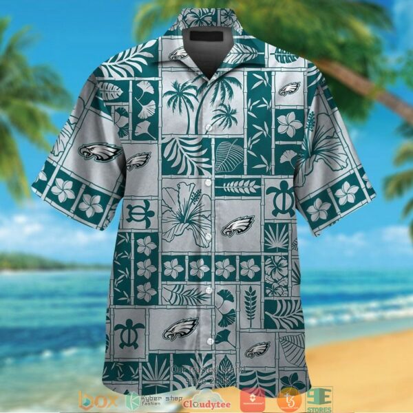 Philadelphia Eagles Hibiscus Leaf Fish Square Pattern Hawaiian Shirt