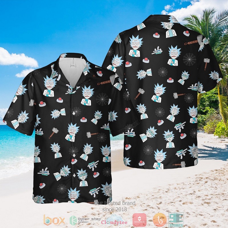 Rick And Morty Cartoon Pattern Printed Black Hawaiian Shirt Rick And Morty Cartoon Pattern Printed Black Hawaiian Shirt