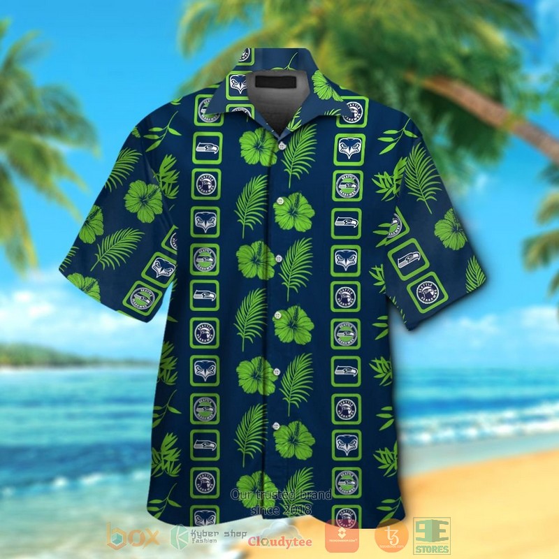 Seattle Seahawks Logo Action Green Hibiscus Navy Hawaiian Shirt And Shorts