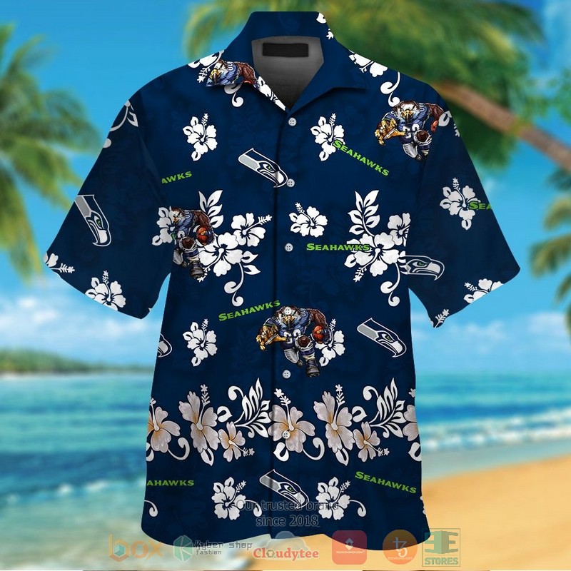 Seattle Seahawks Logo White Hibiscus Navy Hawaiian Shirt And Shorts