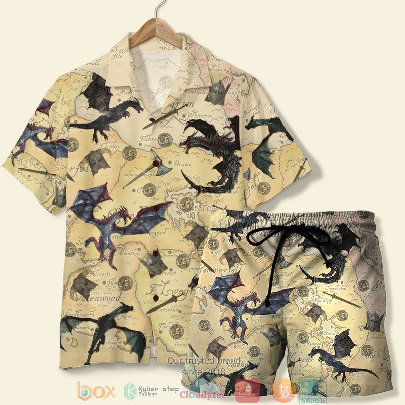 T.E.S. Game Skyrim The Game With Dragons And Old Tamriel Map Pattern Hawaiian Shirt