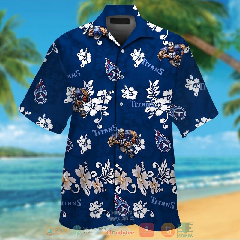 Tennessee Titans Logo White Hibiscus Navy Hawaiian Shirt And Shorts